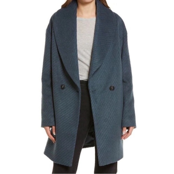 Avec Les Filles Shawl Collar Coat in Steel Wool Grey Slate Blue Tint Peacoat - Picture 1 of 12
